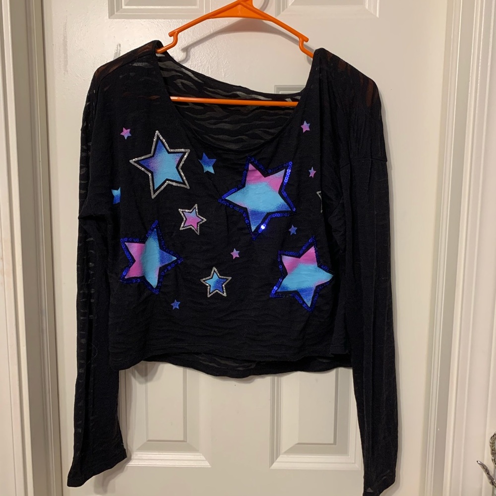 Justice Black Zebra Mesh Long Sleeve Crop Top